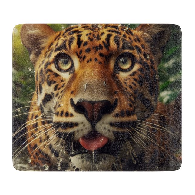 Leopard Stares While Lapping Water in Jungle  Cutting Board (Front)