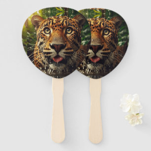 Leopard Stares While Lapping Water in Jungle  Hand Fan
