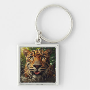 Leopard Stares While Lapping Water in Jungle  Key Ring
