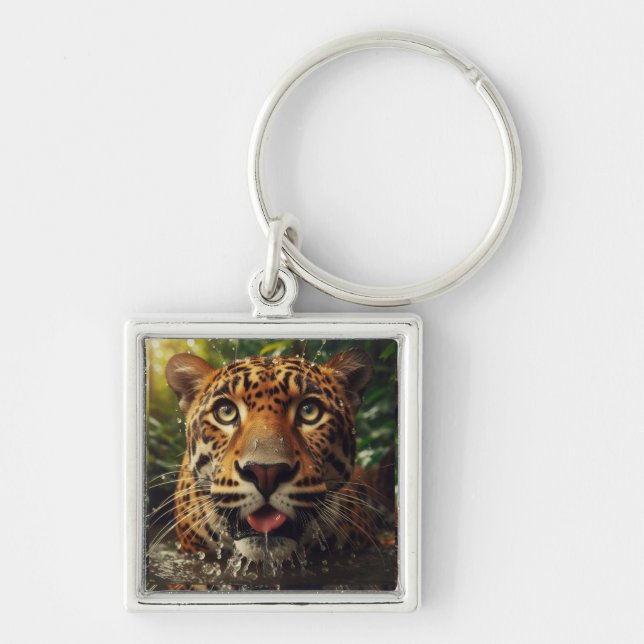 Leopard Stares While Lapping Water in Jungle  Key Ring (Front)