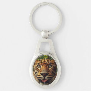 Leopard Stares While Lapping Water in Jungle  Key Ring