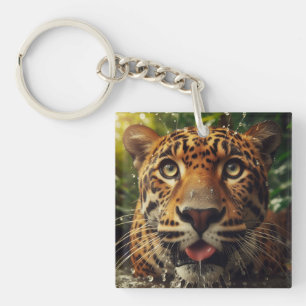 Leopard Stares While Lapping Water in Jungle Key Ring