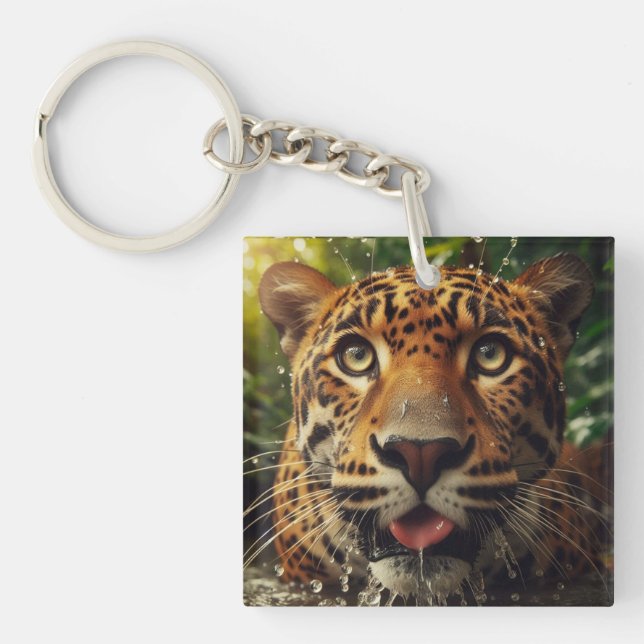 Leopard Stares While Lapping Water in Jungle  Key Ring (Front)