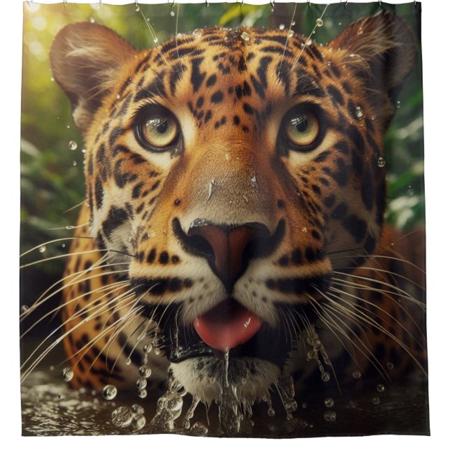Leopard Stares While Lapping Water in Jungle  Shower Curtain (Front)