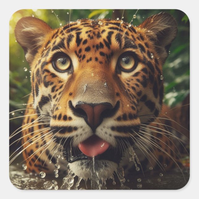 Leopard Stares While Lapping Water in Jungle  Square Sticker (Front)