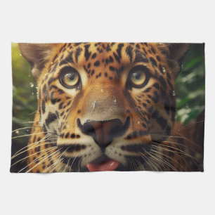 Leopard Stares While Lapping Water in Jungle Tea Towel