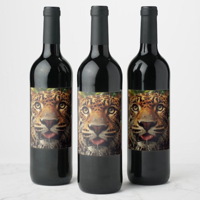 Leopard Stares While Lapping Water in Jungle  Wine Label (Bottles)