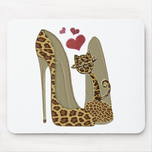 Leopard Stiletto Shoes and Cat Art Mouse Pad (Front)