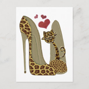 Leopard Stiletto Shoes and Cat Art Postcard