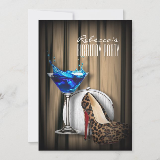 leopard stilettos blue martini cocktail party invitation (Front)