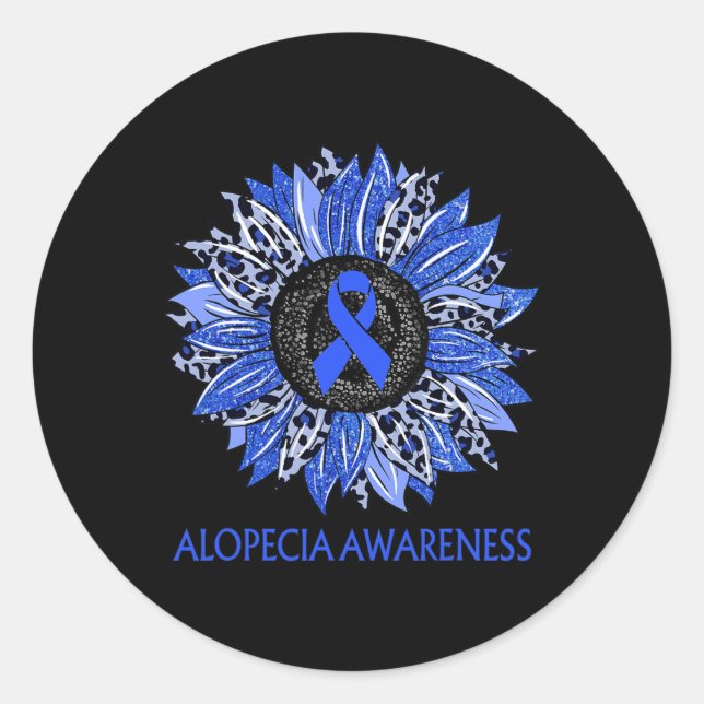Leopard Sunflower Alopecia Awareness Blue Ribbon S Classic Round Sticker (Front)