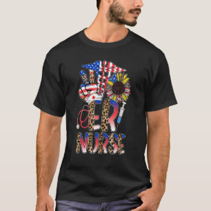 Leopard Sunflower Er Nurse American Flag  4th Of J T-Shirt