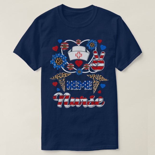 Leopard Sunflower HEME Nurse American Flag Funny 4 T-Shirt (Design Front)