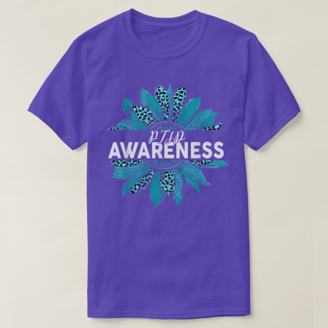 Leopard Sunflower PTSD Awareness Teal Ribbon T-Shi T-Shirt (Design Front)