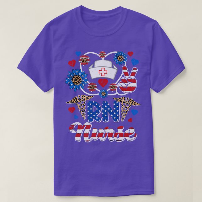 Leopard Sunflower RN Nurse American Flag Funny 4th T-Shirt (Design Front)