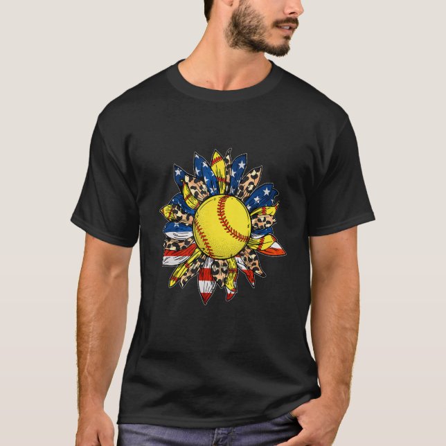 Leopard Sunflower Softball  Ball Game Day 4th Of J T-Shirt (Front)