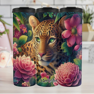 Leopard Surrounded by Tropical Flowers Thermal Tumbler