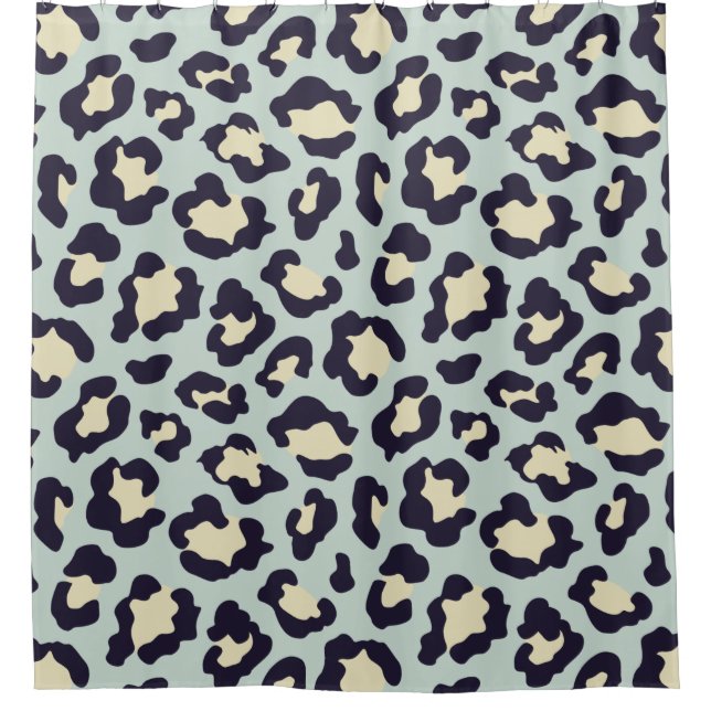 Leopard teal, black, yellow trendy shower curtain (Front)