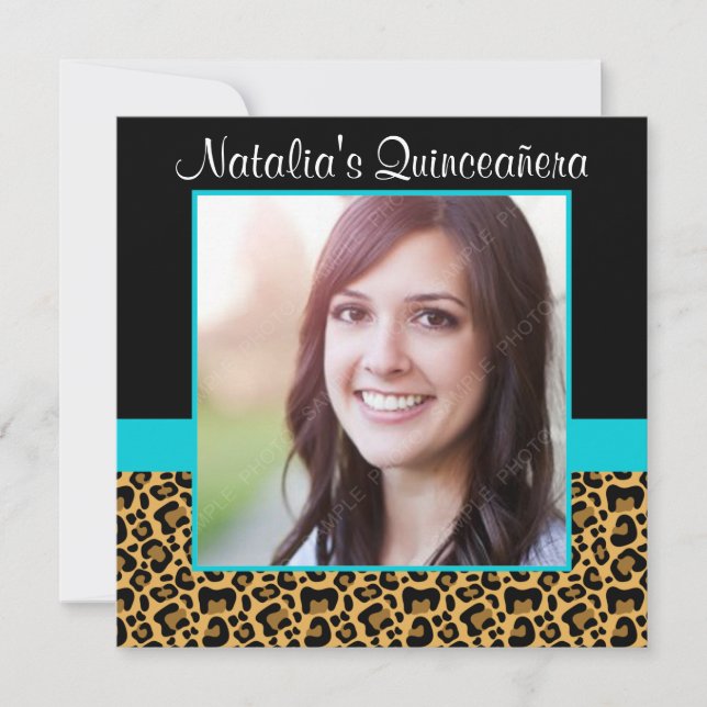 Leopard Teal Blue Photo Quinceanera Invitations (Front)