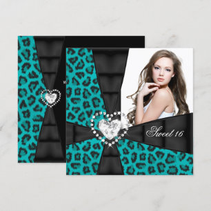 Leopard Teal Blue Sweet 16 Sixteen Birthday Party Invitation