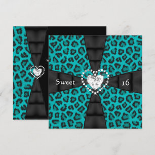Leopard Teal Sweet 16 Sixteen Birthday Party Invitation