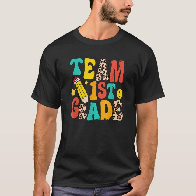 Leopard Team First 1st Grade Teacher Student Back  T-Shirt (Front)