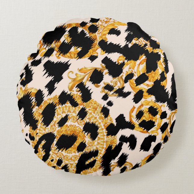 Leopard texture: gold baroque pattern. round cushion (Front)