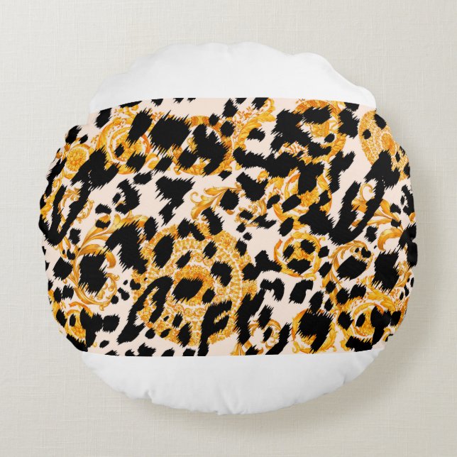 Leopard texture with gold baroque pattern round cushion (Front)