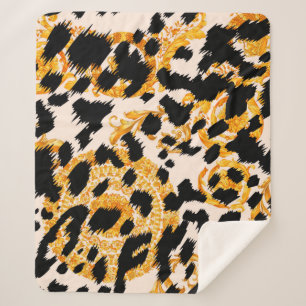 Leopard texture with gold baroque pattern sherpa blanket
