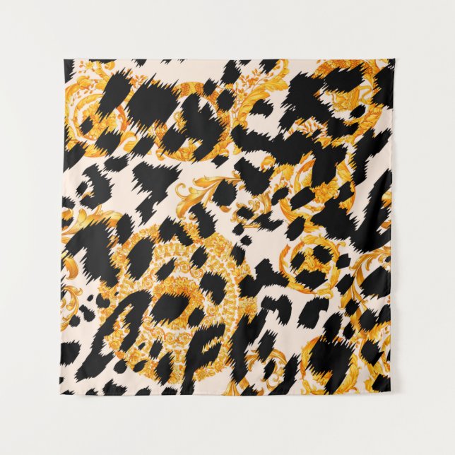 Leopard texture with gold baroque pattern tapestry (Front)