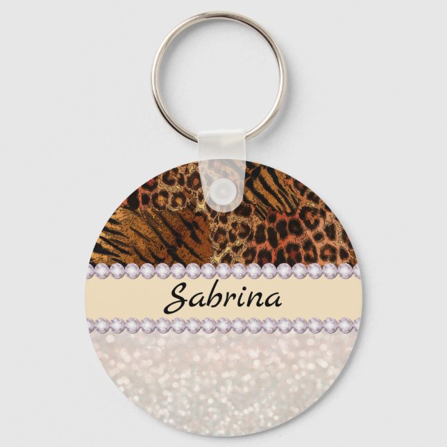 Leopard tiger skin pink diamond glitter crystals key ring (Front)