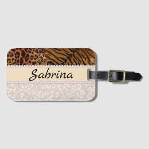 Leopard tiger skin pink diamond glitter crystals luggage tag