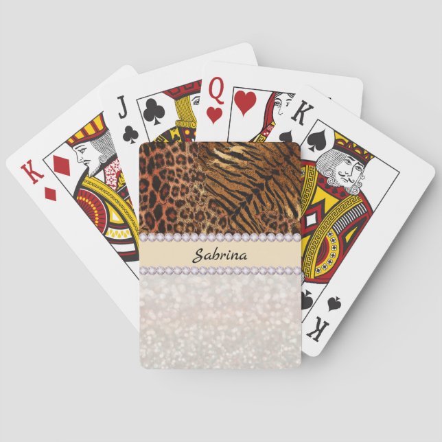Leopard tiger skin pink diamond glitter crystals playing cards (Back)