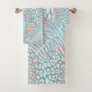Leopard ,tiger, skin, spotted, striped, Turquoise, Bath Towel Set
