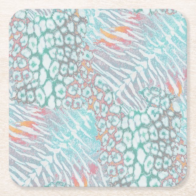 Leopard ,tiger, skin, spotted, striped, Turquoise, Square Paper Coaster (Front)