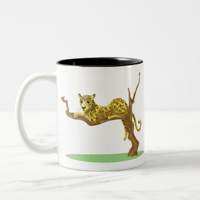 Leopard Tree Sitting Jungle Woods Environment Two-Tone Coffee Mug (Left)