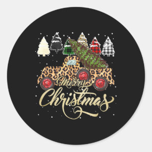 Leopard Truck Plaid Leopard Christmas Tree Merry C Classic Round Sticker