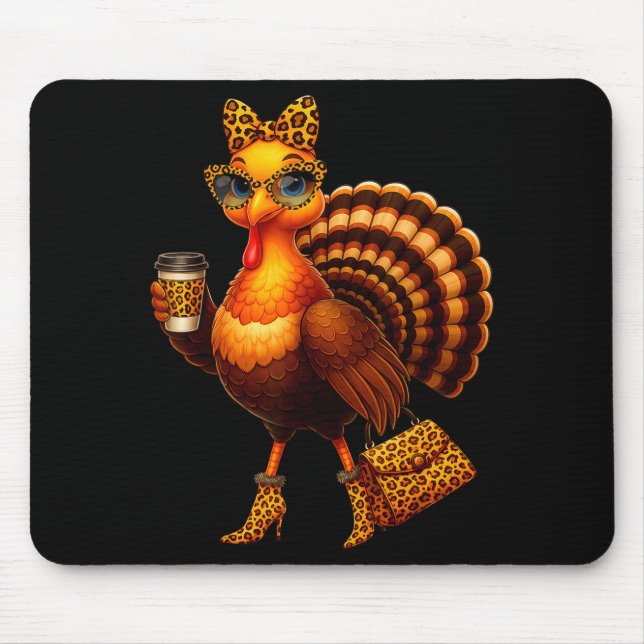 Leopard Turkey Drinking Coffee Thanksgiving Women  Mouse Pad (Front)