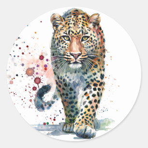 Leopard Walking Watercolor Classic Round Sticker