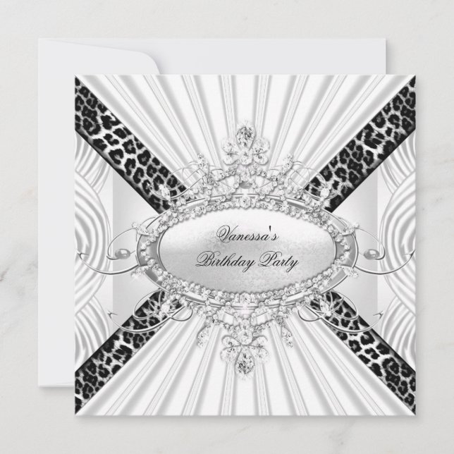 Leopard White Diamond Black Birthday Party Invitation (Front)