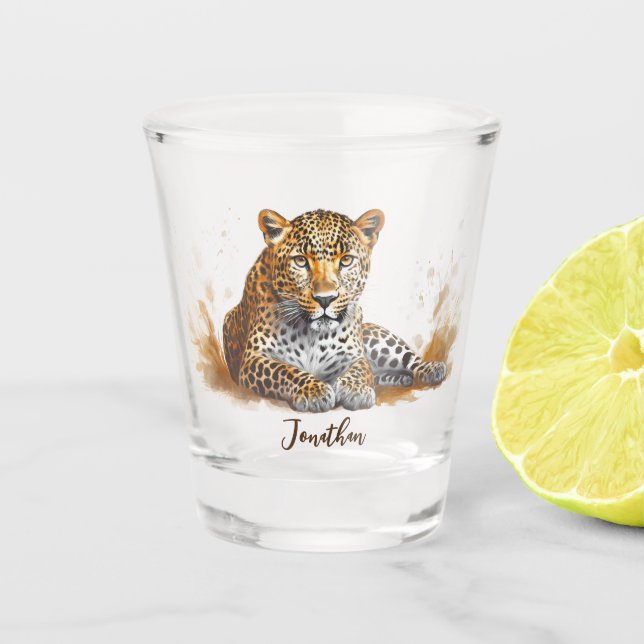 Leopard Wild Animal Portrait Personalised Name Shot Glass (Front)