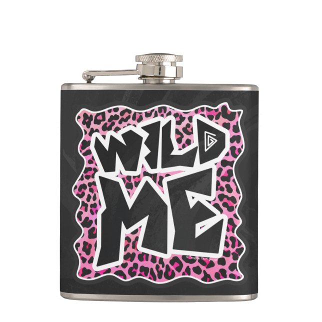 Leopard Wild Me Black and Hot Pink Design Hip Flask (Front)