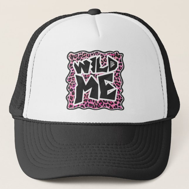 Leopard Wild Me Black and Hot Pink Design Trucker Hat (Front)