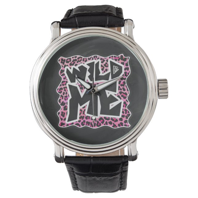 Leopard Wild Me Black and Hot Pink Design Watch (Front)