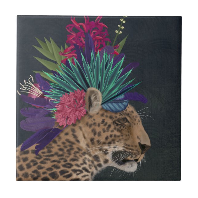 Leopard with Tropical Headpiece Ceramic Tile (Front)
