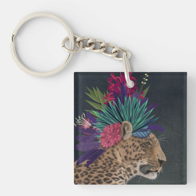 Leopard with Tropical Headpiece Key Ring (Front)