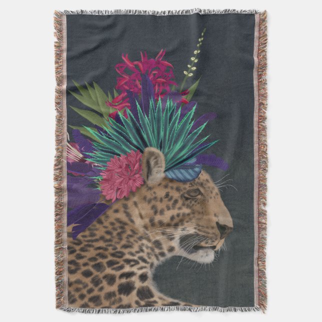 Leopard with Tropical Headpiece Throw Blanket (Front Vertical)