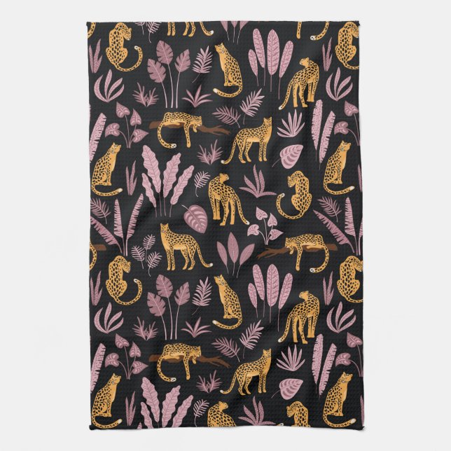 Leopard With tropical Leaves Pattern Tea Towel (Vertical)