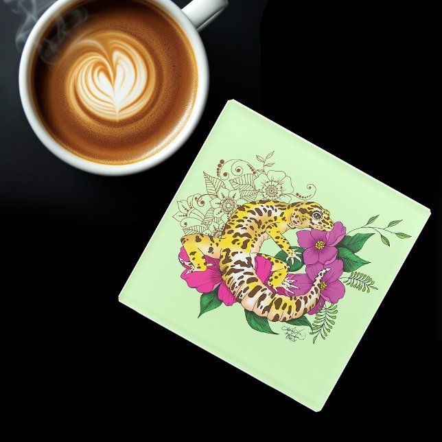Leopard Yellow Gecko Green Glass Coaster (Creator Uploaded)