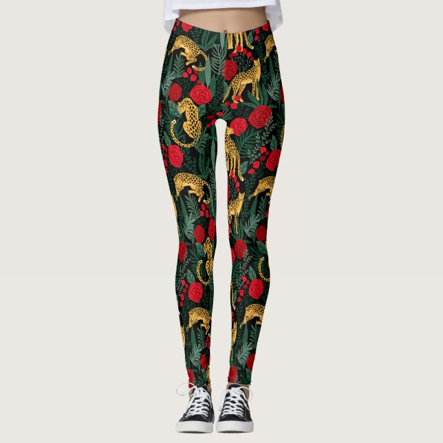 Leopards and Red Roses Leggings (Front)